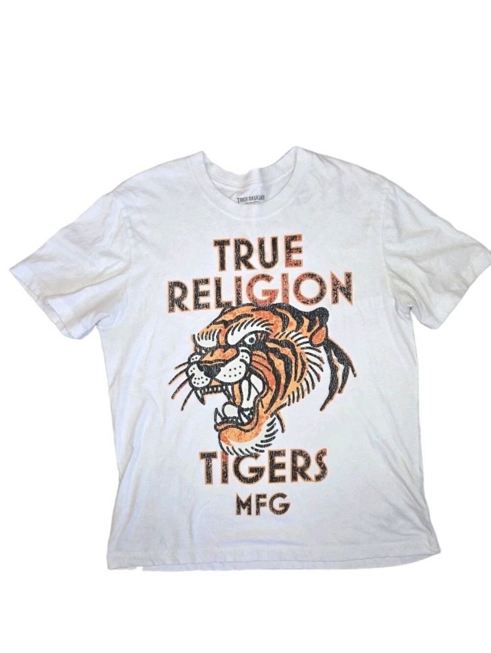 True Religion MFG Tiger Vintage Tee Shirt Size M White Graphic Print Streetwear